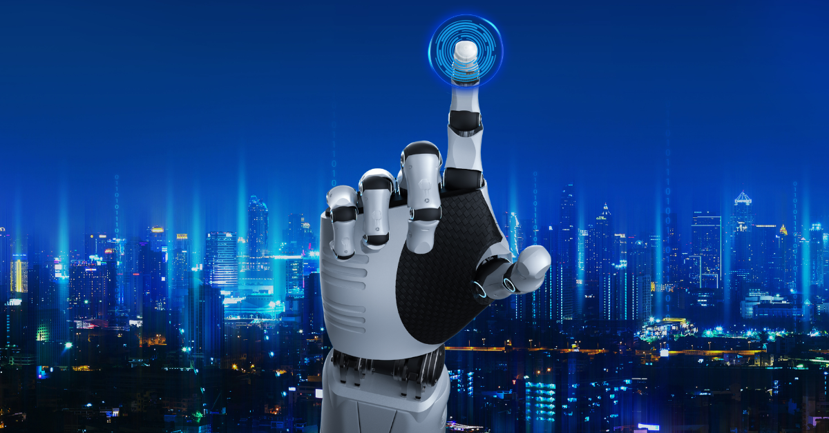 Futuristic image of a Robot hand with a City Backdrop