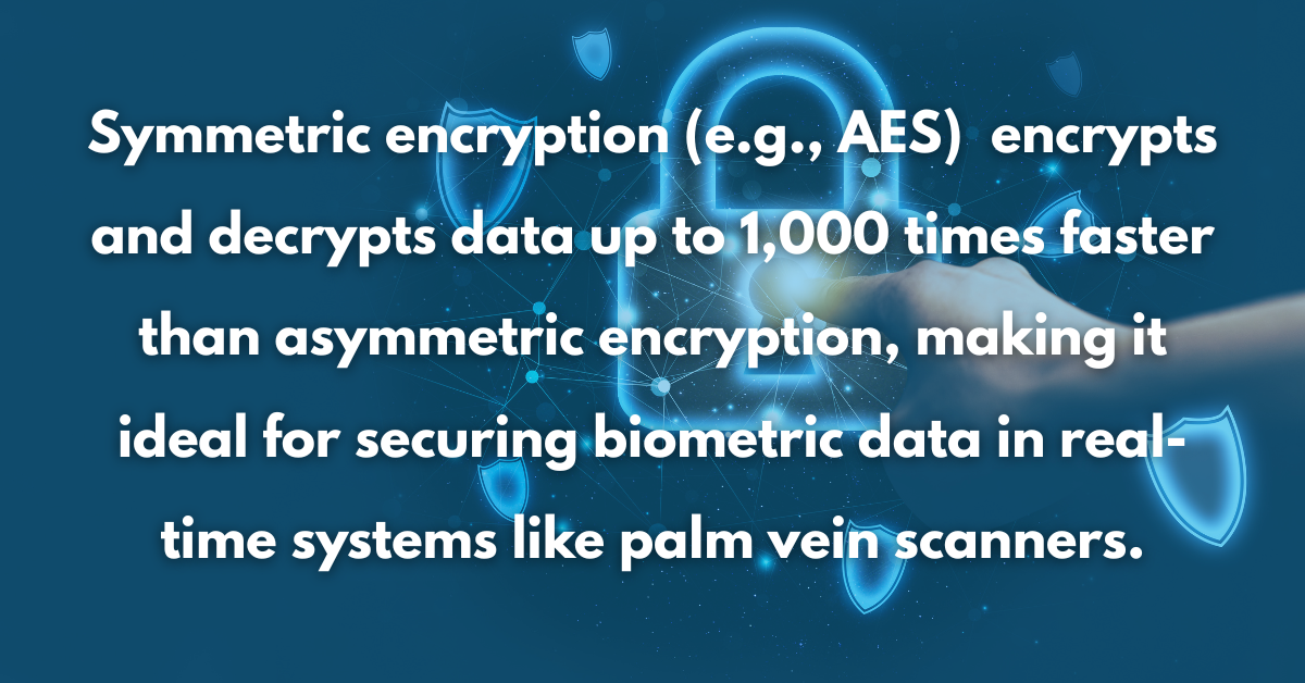 Secure Data Encryption - Symmetric encryption (e.g., AES) encrypts and decrypts data up to 1,000 times faster than asymmetric encryption, making it ideal for securing biometric data in real-time systems like palm vein scanners.