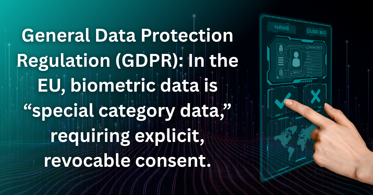 Biometric Consent "General Data Protection Regulation (GDPR): In the EU, biometric data is “special category data,” requiring explicit, revocable consent."